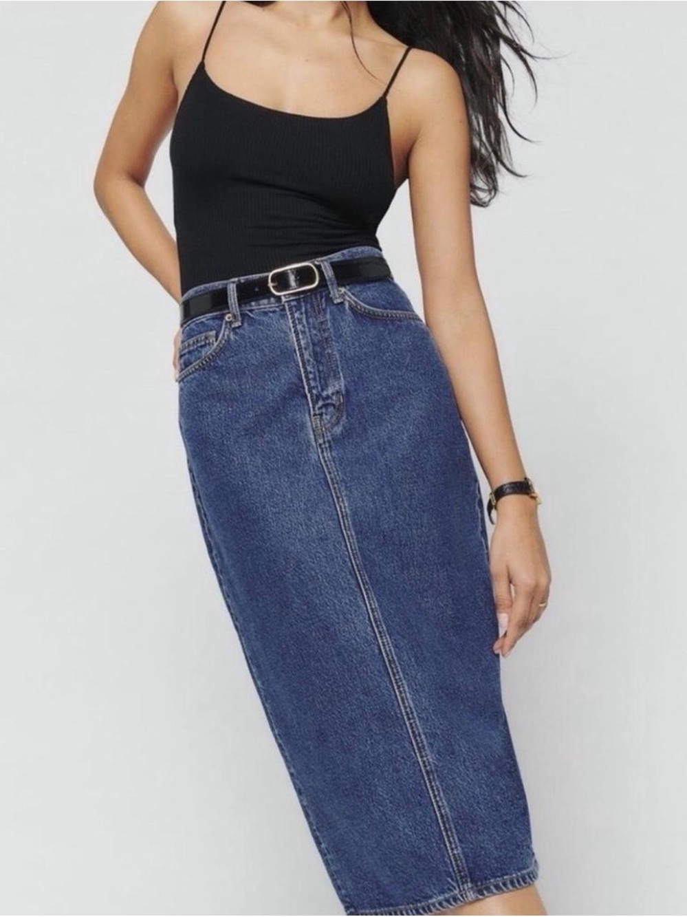 Reformation Blue Denim Midi Skirt with Center Seam